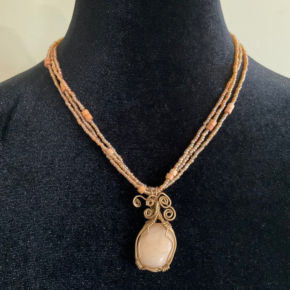 Boho‎ Wire Wrapped Stone Pendant Necklace 3 Strand Amber Seed Bead Wood Accents